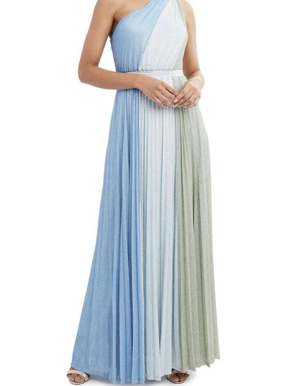 One-Shoulder Pleated Colorblock Maxi Dress in Light Blue and Sage